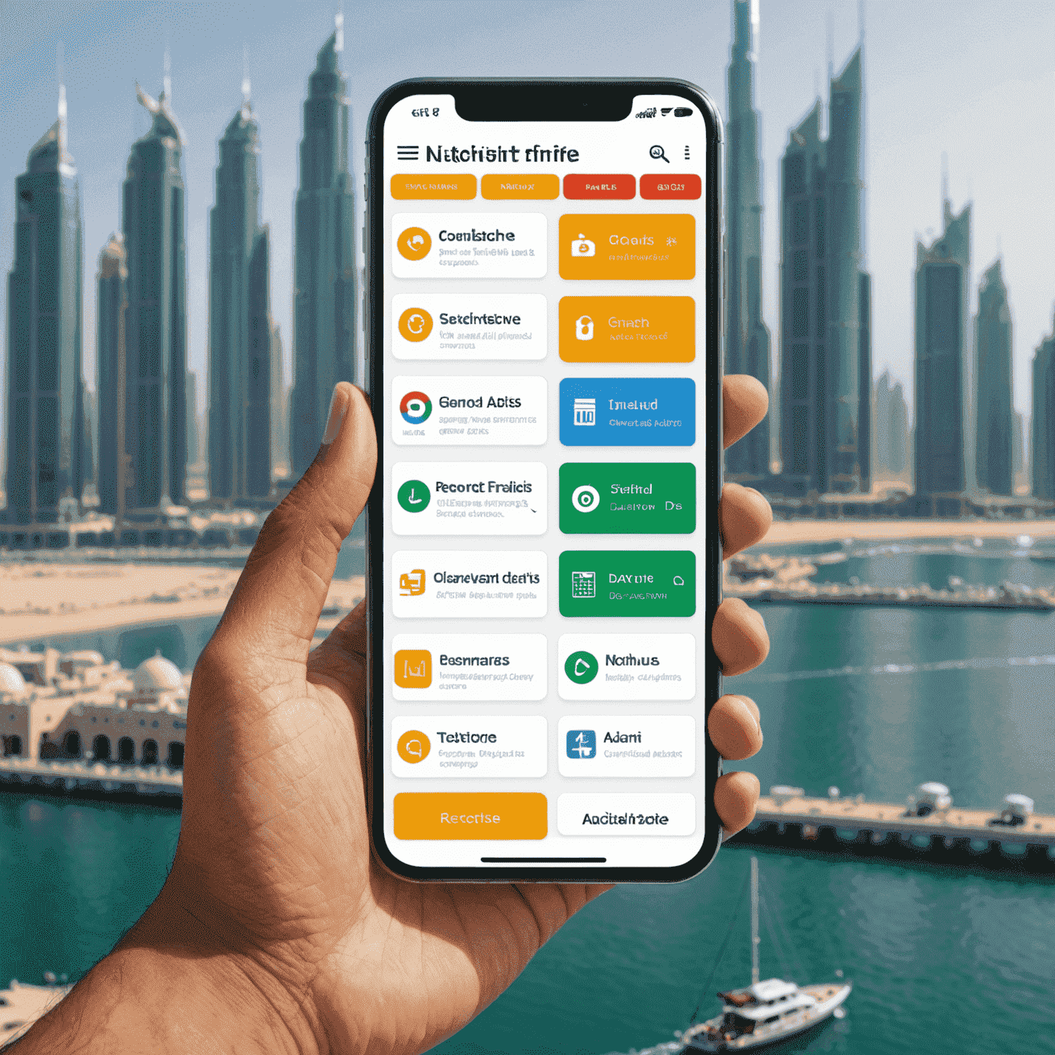 صورة توضيحية لواجهة تطبيق rechacaly_com تظهر شاشة هاتف ذكي مع تصميم أنيق يعرض مختلف خدمات الاتصال المتنقل المتاحة في الإمارات العربية المتحدة