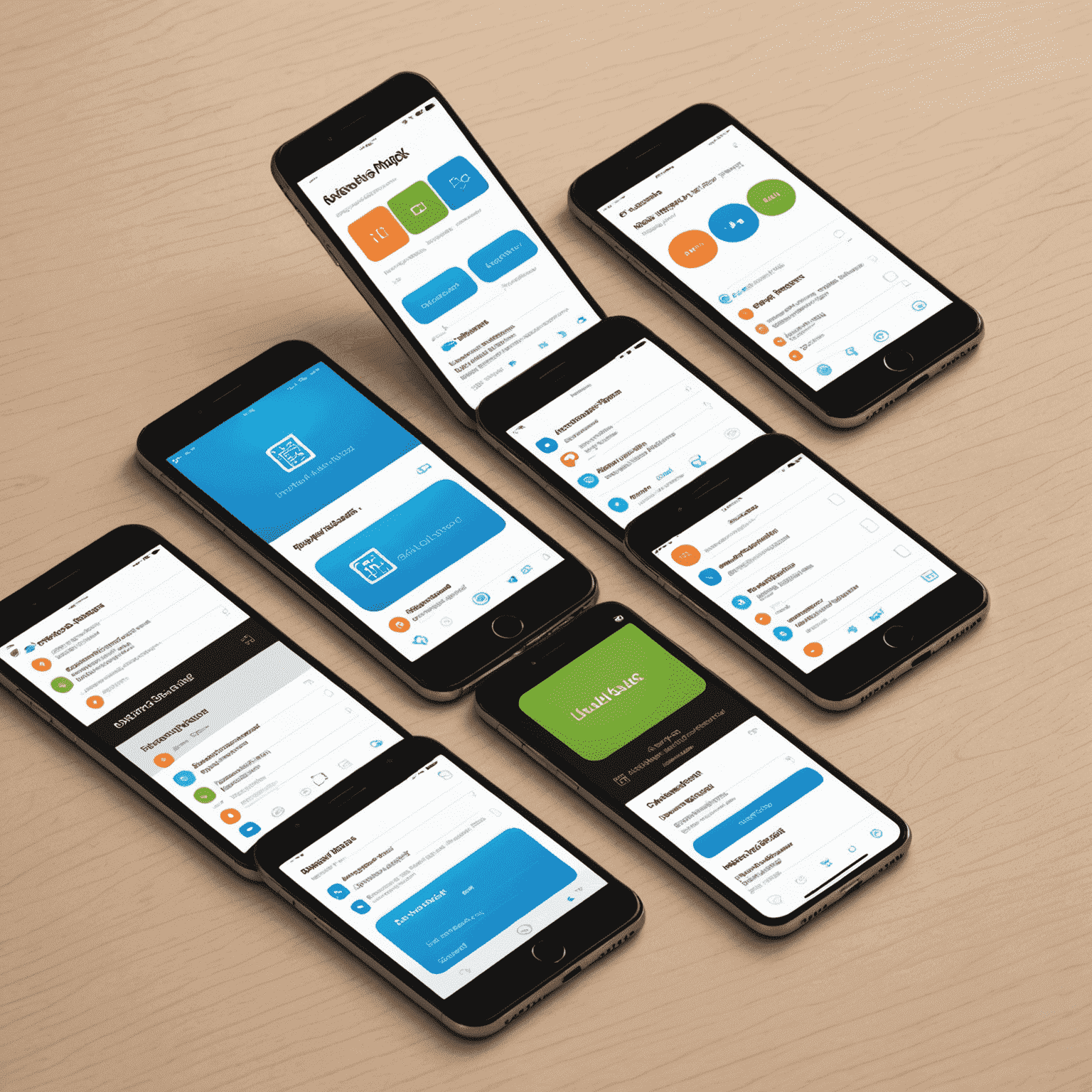 صورة توضيحية لتطوير تطبيقات الهاتف المحمول تظهر شاشات متعددة لأجهزة iOS وAndroid مع واجهات مستخدم مخصصة وشعار شركتنا