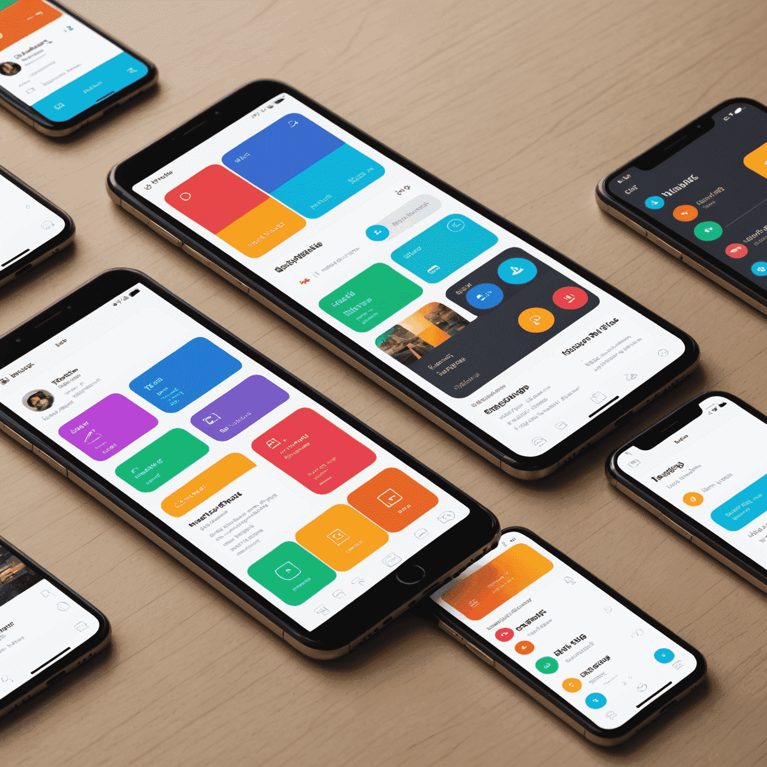 صورة توضيحية لتصميم واجهة المستخدم وتجربة المستخدم تظهر شاشات متعددة لتطبيق جوال مع رسومات لتدفق المستخدم ولوحة ألوان